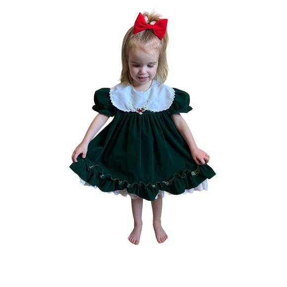 Vintage Hugs and Kisses Green Velvet Girls Dress - Picture 1 of 12